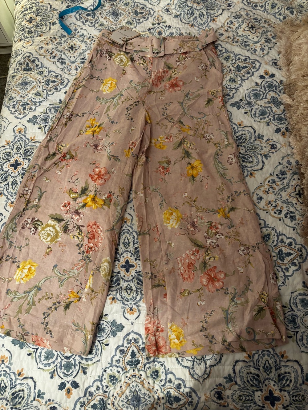 Laura Ashley Pink Floral Wide-Leg Pants with Belt